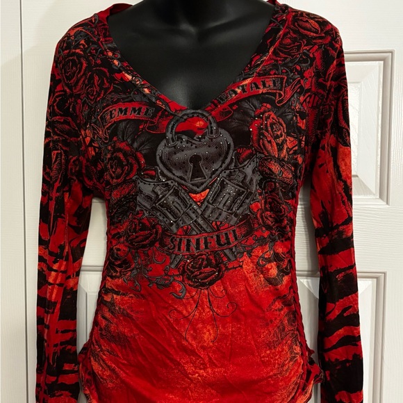 Sinful Tops - Sinful Red and Black Long Sleeve Top